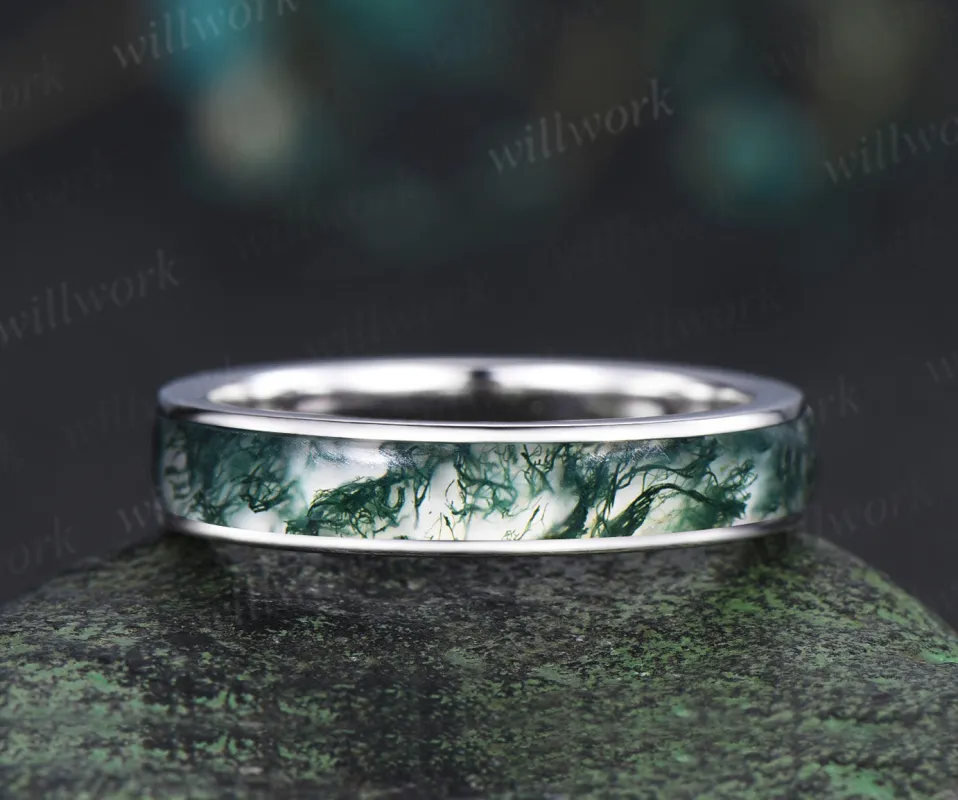 Full eternity natural moss agate wedding ring mens solid 14k 18k white gold unique wedding bridal ring women sold by Willwork Jewelry
