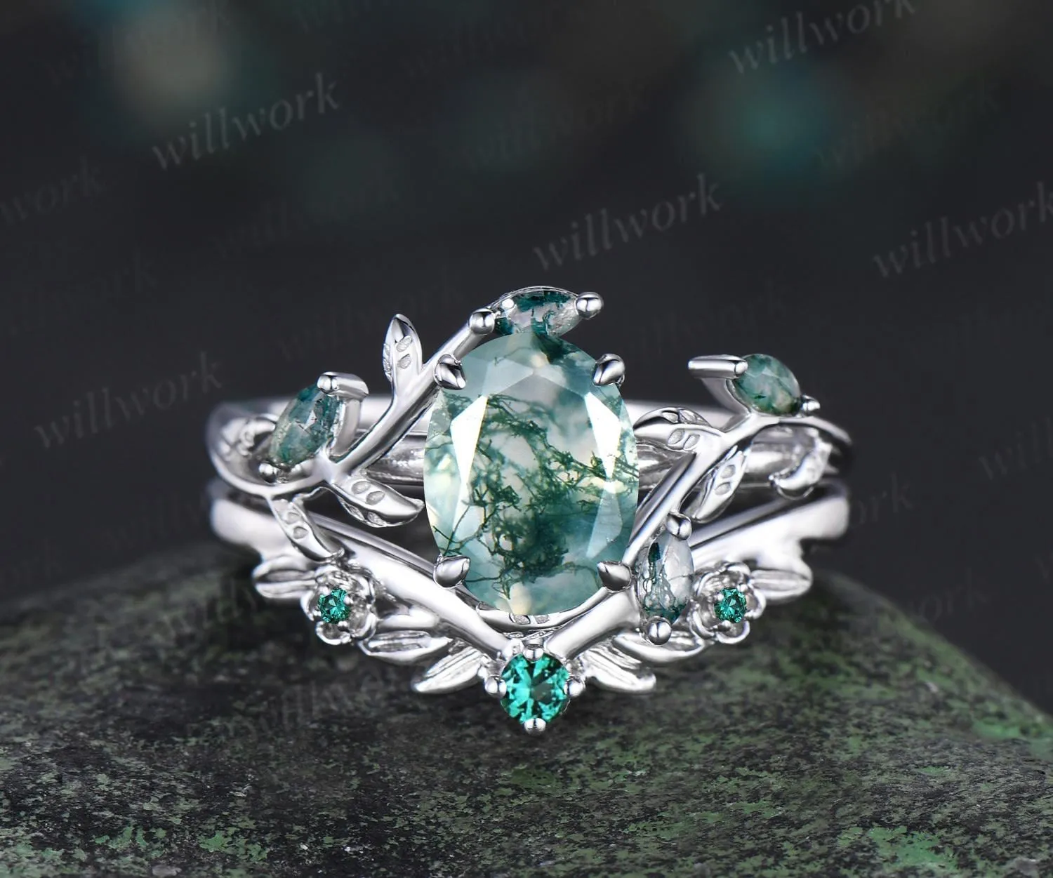 Vintage oval natural moss agate engagement ring set 14k white gold cluster leaf floral nature inspired retro emerald bridal ring set women sold by Willwork Jewelry