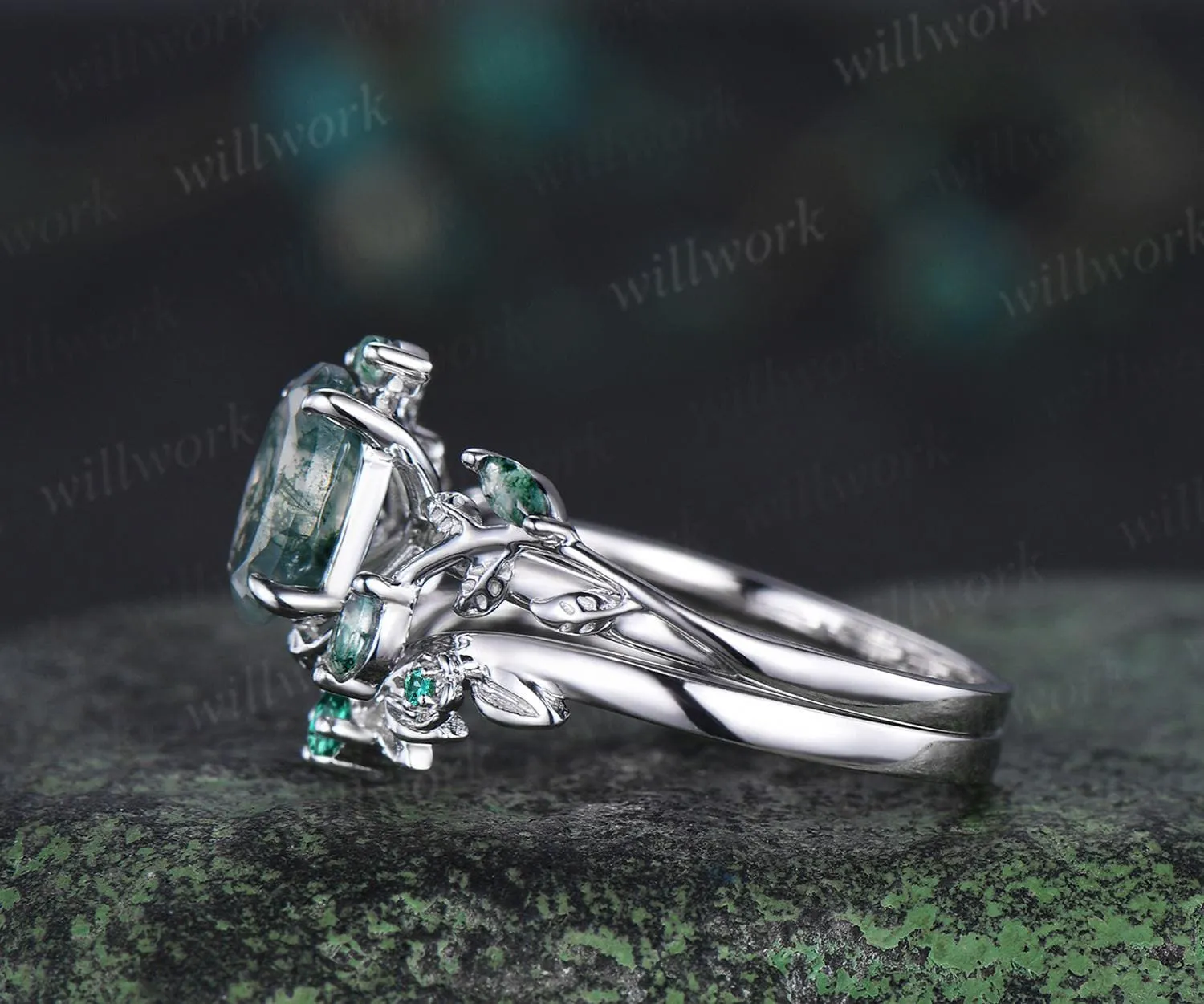 Vintage oval natural moss agate engagement ring set 14k white gold cluster leaf floral nature inspired retro emerald bridal ring set women sold by Willwork Jewelry product image thumbnail 5