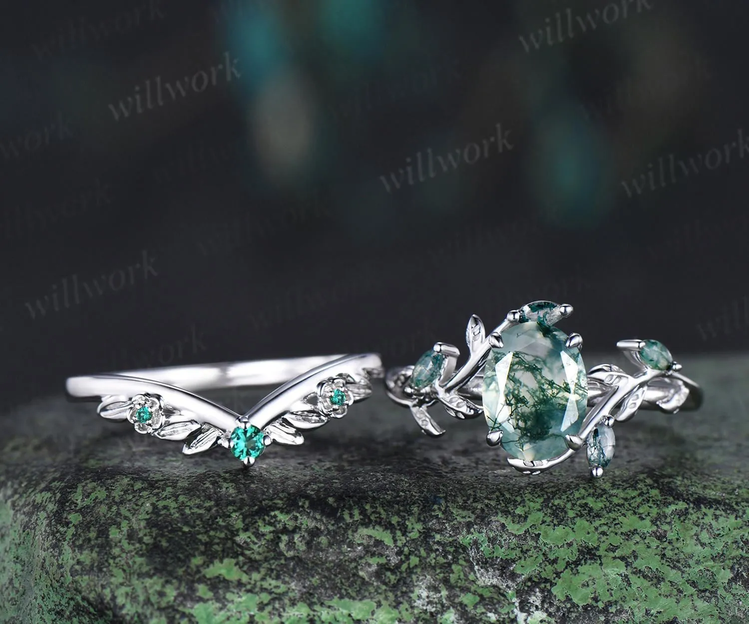 Vintage oval natural moss agate engagement ring set 14k white gold cluster leaf floral nature inspired retro emerald bridal ring set women sold by Willwork Jewelry product image thumbnail 2