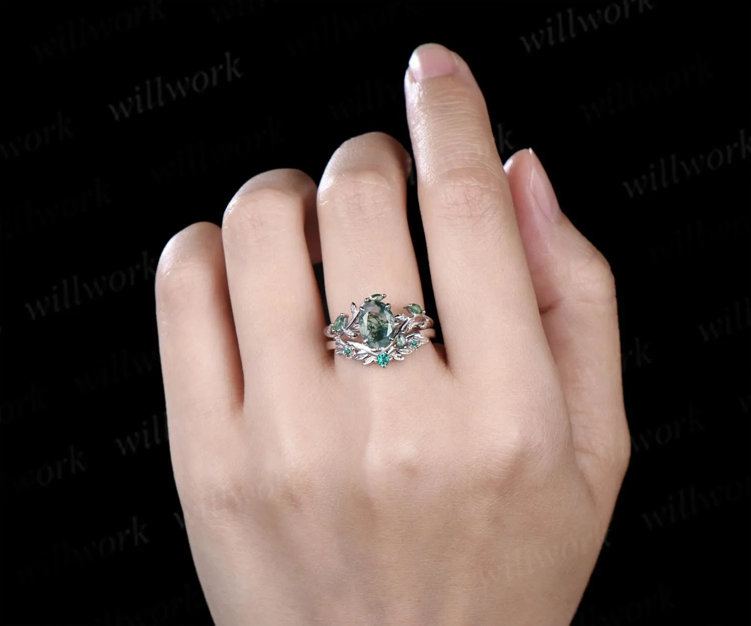 Vintage oval natural moss agate engagement ring set 14k white gold cluster leaf floral nature inspired retro emerald bridal ring set women sold by Willwork Jewelry product image thumbnail 3
