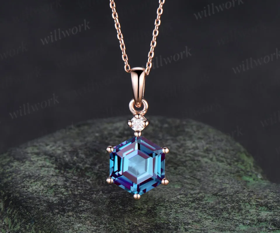 Unique hexagon cut alexandrite necklace 14k rose gold two stone diamond pendant women Personalized June birthstone anniversary bridal gift made by Willwork Jewelry