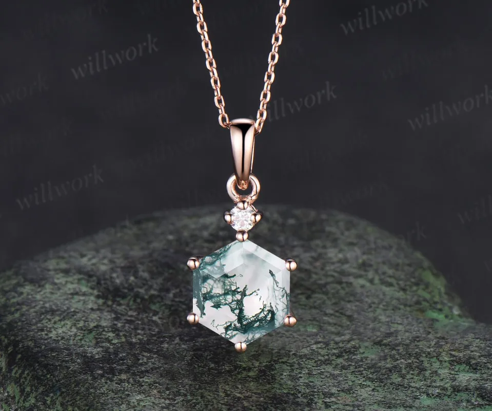 Unique hexagon cut moss agate necklace 14k rose gold two stone diamond pendant women Personalized 6 prong anniversary bridal gift sold by Willwork Jewelry