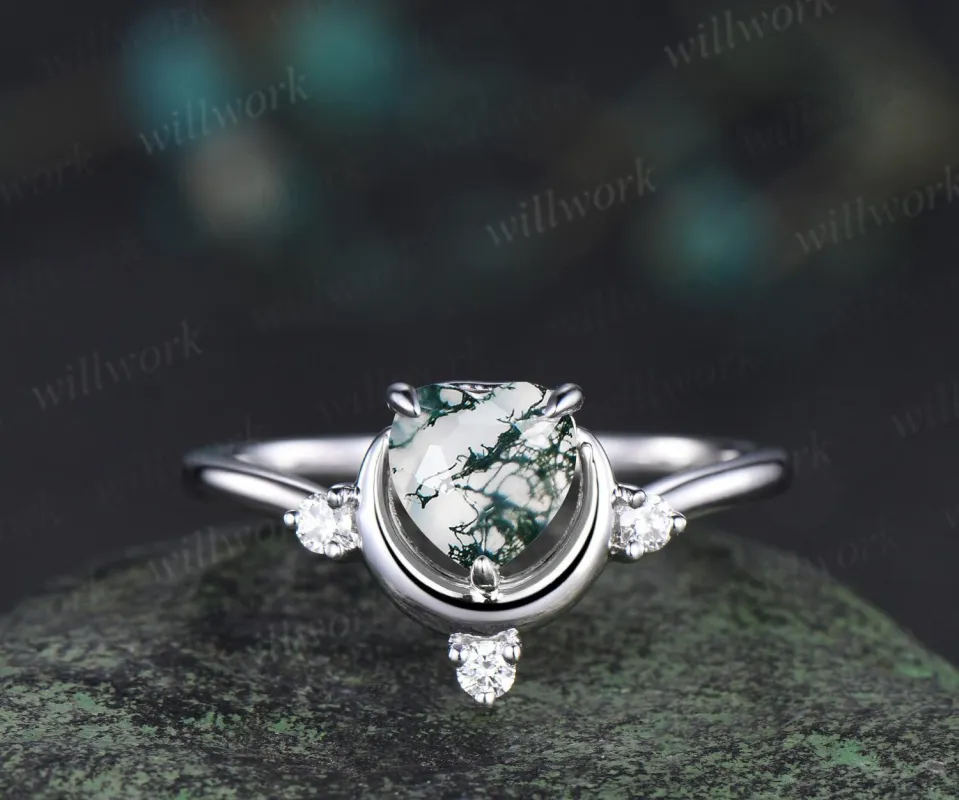 1ct Heart cut natural moss agate ring white gold diamond ring vintage four stone unique moon engagement ring green crystal ring sold by Willwork Jewelry