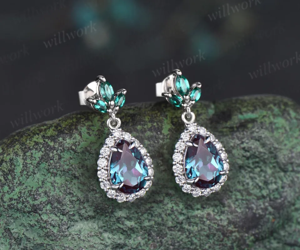 Pear teardrop cut Alexandrite earrings solid 14k white gold vintage leaf marquise emerald drop earrings women anniversary gift jewelry sold by Willwork Jewelry