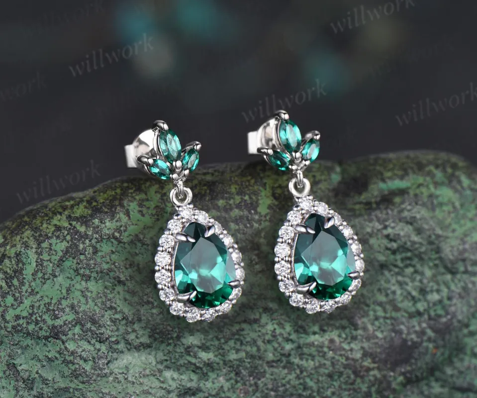 Pear teardrop cut green emerald earrings solid 14k white gold vintage leaf marquise emerald drop earrings women anniversary gift jewelry sold by Willwork Jewelry