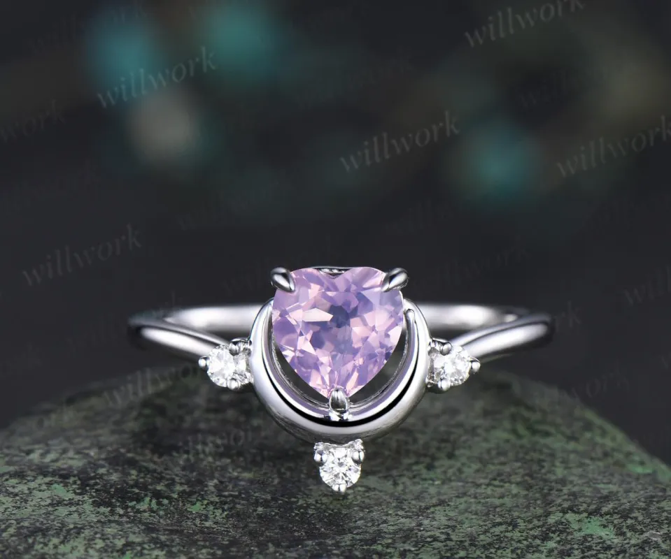 1ct Heart cut Lavender Amethyst ring white gold diamond ring vintage four stone unique moon engagement ring wedding ring women dainty gift sold by Willwork Jewelry