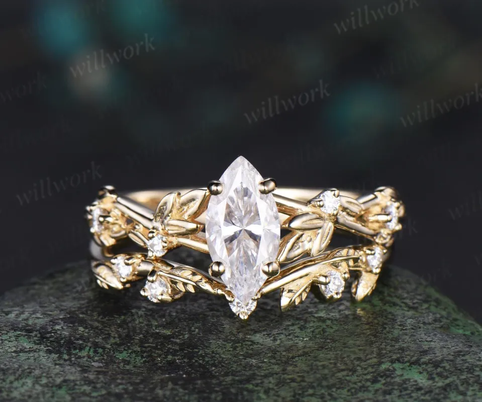 1ct marquise cut moissanite engagement ring set solid 14k yellow gold twig leaf stacking diamond wedding ring set women jewelry sold by Willwork Jewelry