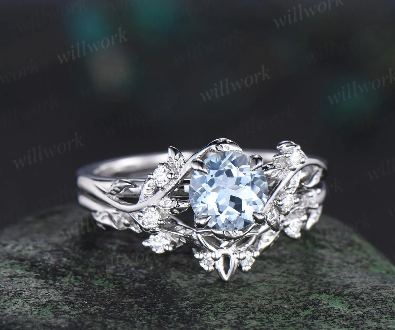 1ct round cut aquamarine ring white gold unique nature inspired engagement ring set Celtic knot diamond promise ring set women jewelry sold by Willwork Jewelry product image thumbnail 4