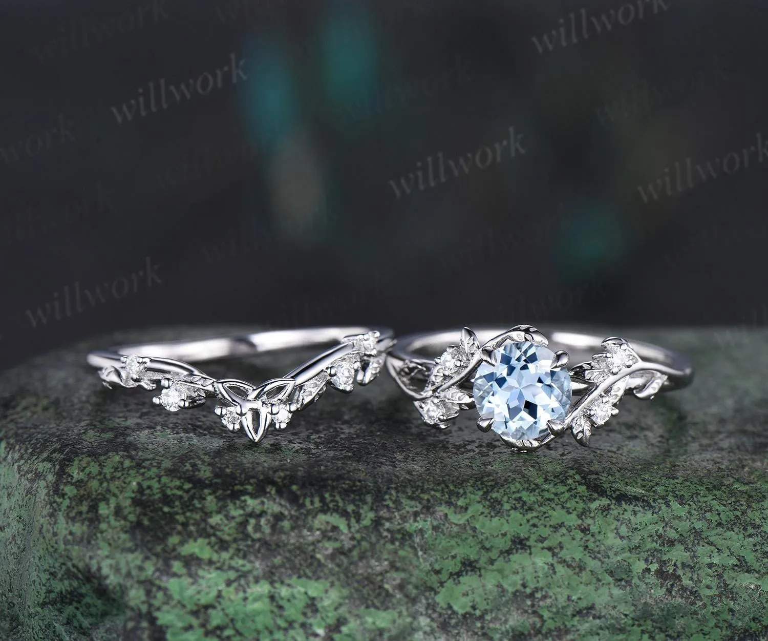 1ct round cut aquamarine ring white gold unique nature inspired engagement ring set Celtic knot diamond promise ring set women jewelry sold by Willwork Jewelry