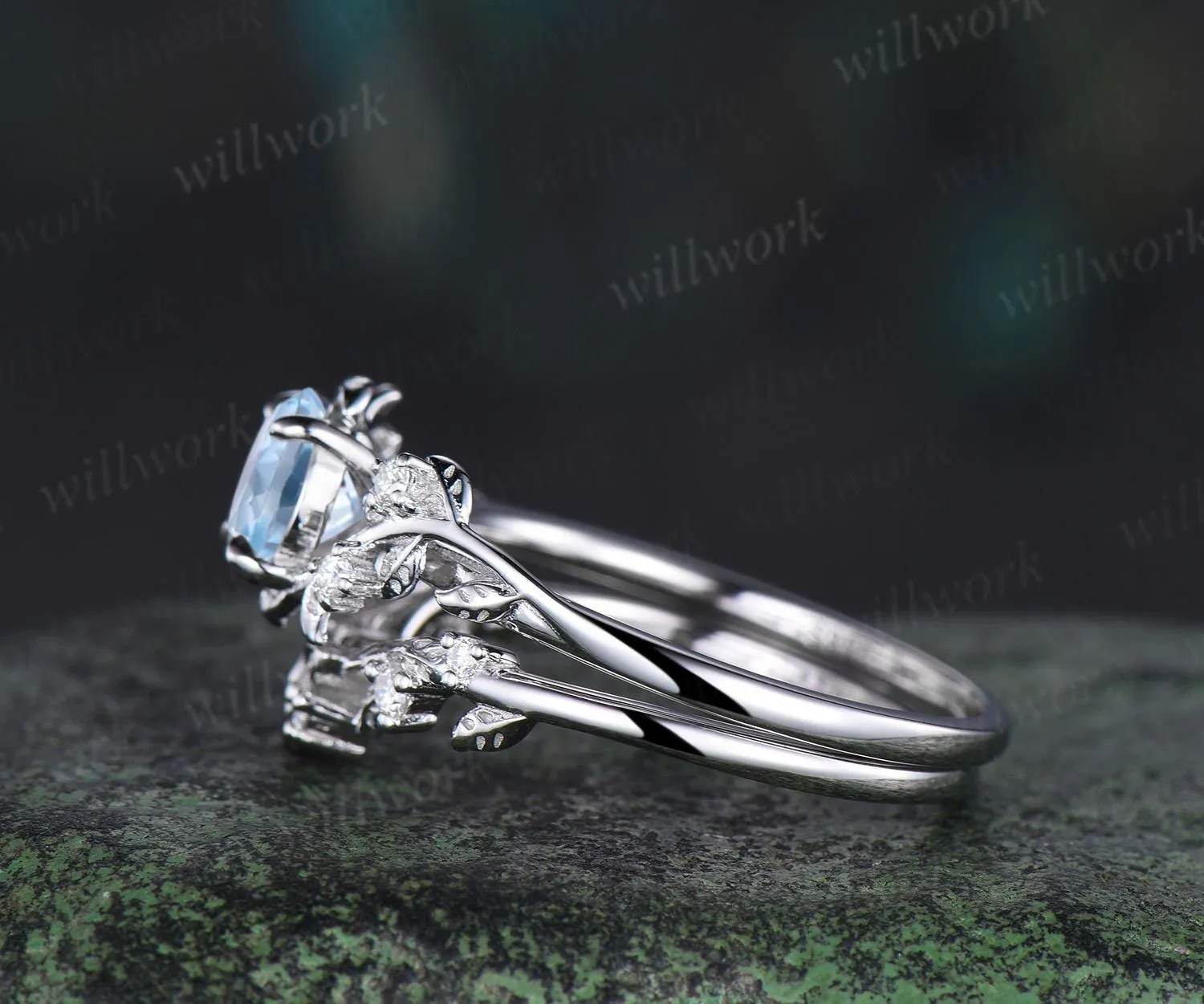 1ct round cut aquamarine ring white gold unique nature inspired engagement ring set Celtic knot diamond promise ring set women jewelry sold by Willwork Jewelry product image thumbnail 5