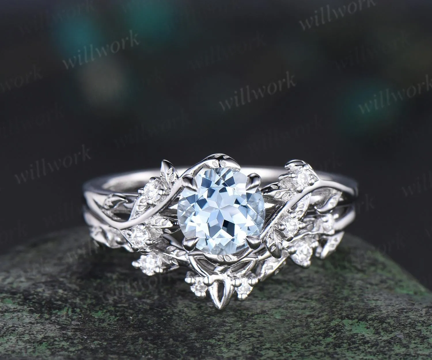 1ct round cut aquamarine ring white gold unique nature inspired engagement ring set Celtic knot diamond promise ring set women jewelry sold by Willwork Jewelry product image thumbnail 2