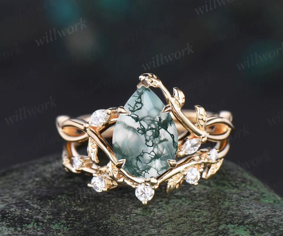 Pear cut moss agate ring vintage infinity split shank engagement ring set art deco leaf diamond ring women retro unique bridal set gift sold by Willwork Jewelry