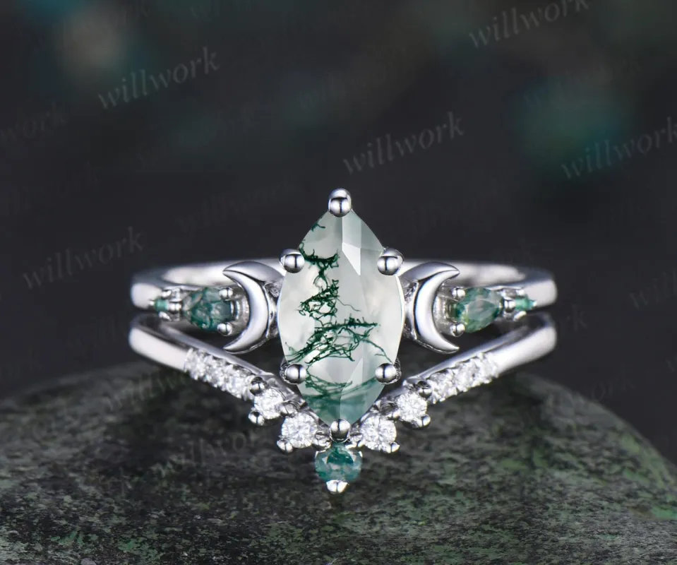 1ct marquise cut natural moss agate engagement ring set women 14k white gold 6 prong five stone moon stacking bridal ring set sold by Willwork Jewelry