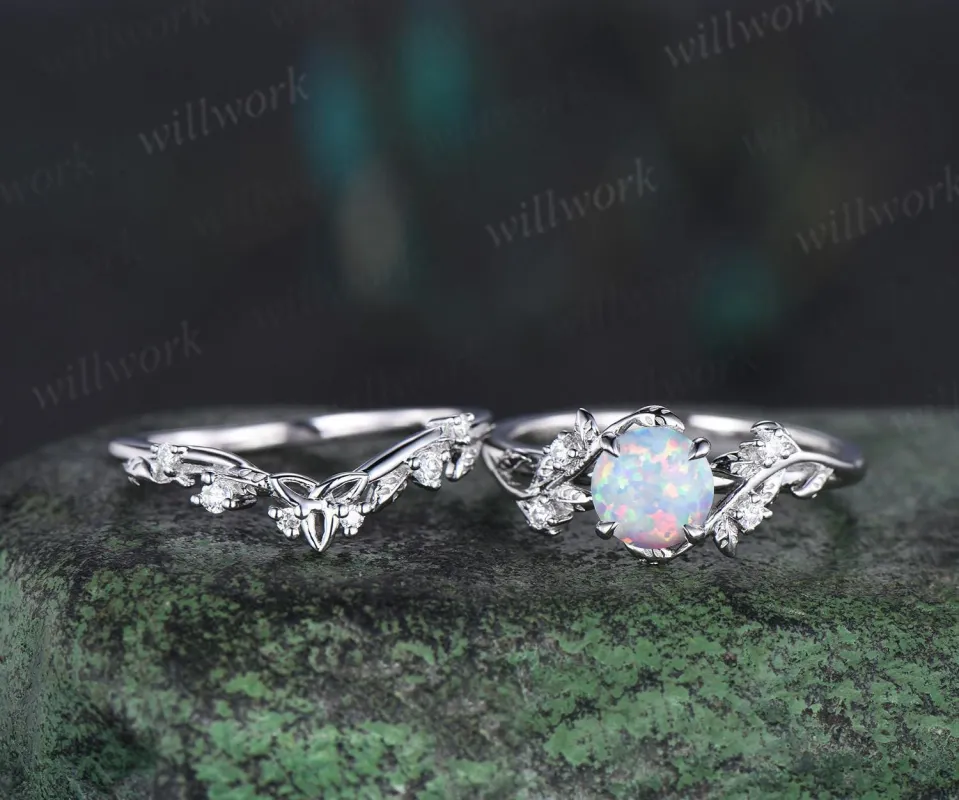 Vintage round white opal wedding ring set leaf nature inspired opal engagement ring set diamond Celtic knot wedding band anniversary gift sold by Willwork Jewelry