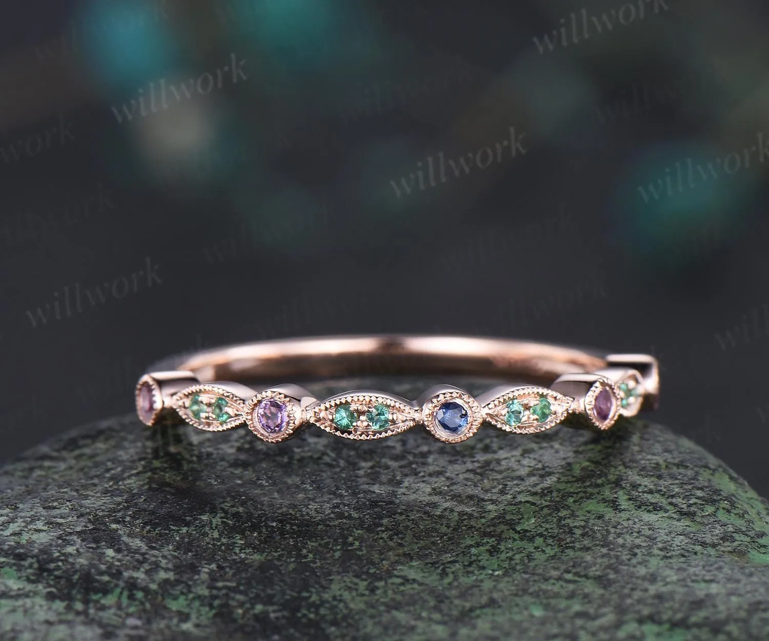 Natural emerald sapphire wedding band half eternity amethyst 14k rose gold art deco marquise milgrain bridal ring women jewelry sold by Willwork Jewelry product image thumbnail 4