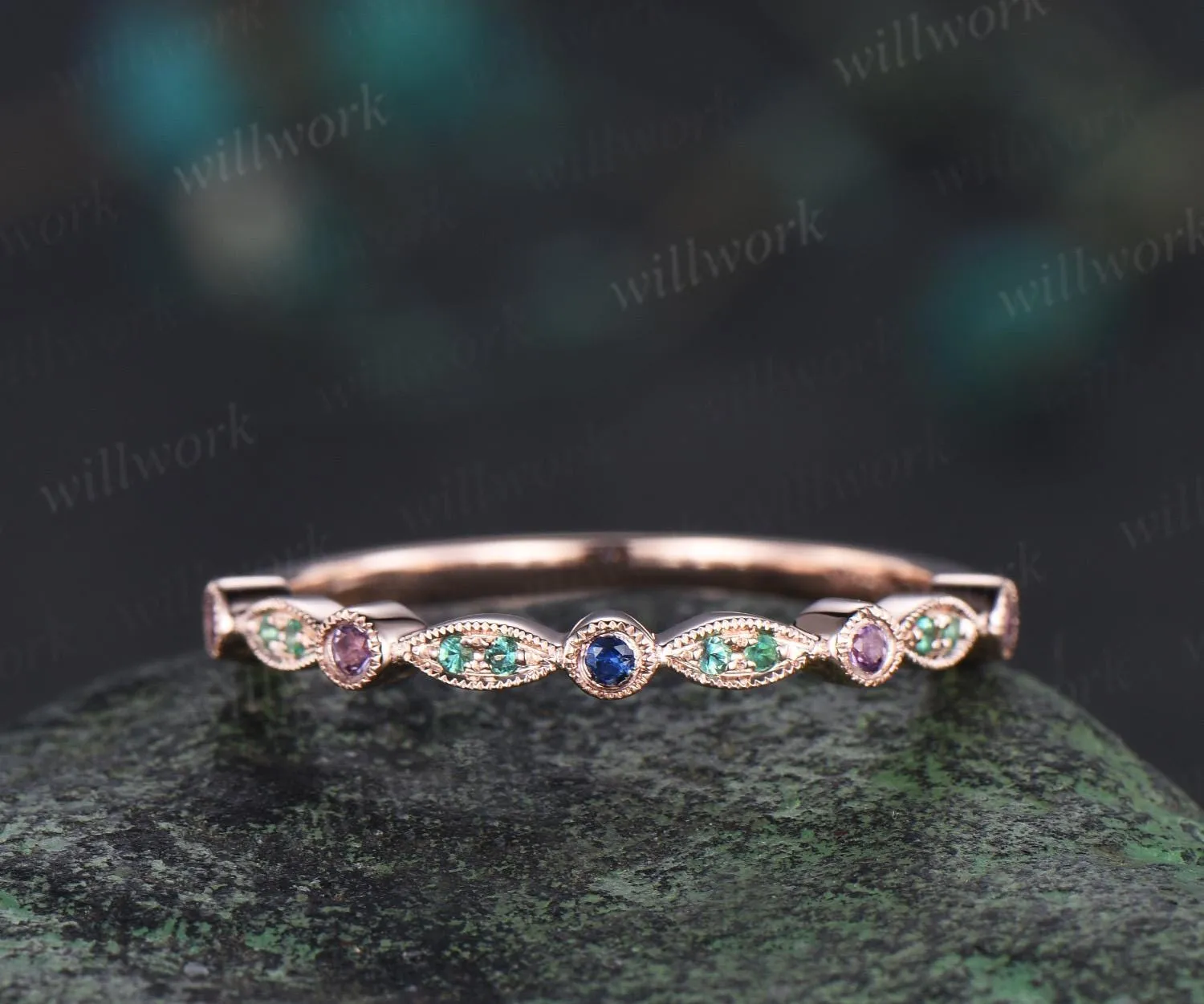 Natural emerald sapphire wedding band half eternity amethyst 14k rose gold art deco marquise milgrain bridal ring women jewelry sold by Willwork Jewelry