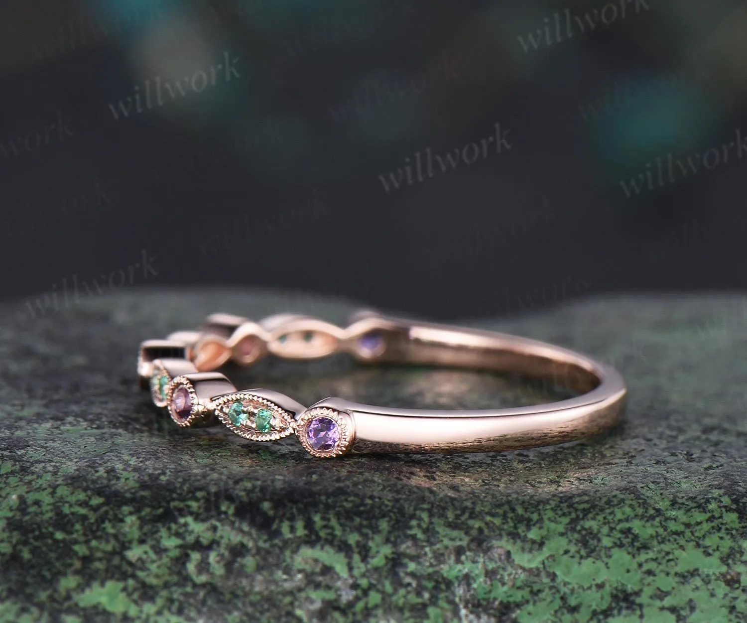 Natural emerald sapphire wedding band half eternity amethyst 14k rose gold art deco marquise milgrain bridal ring women jewelry sold by Willwork Jewelry product image thumbnail 5
