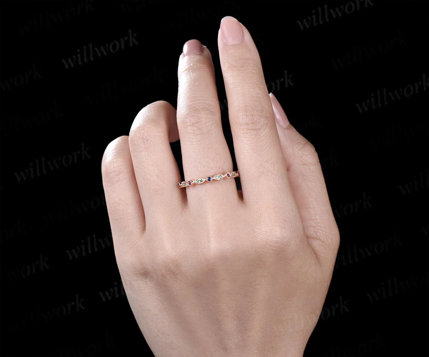 Natural emerald sapphire wedding band half eternity amethyst 14k rose gold art deco marquise milgrain bridal ring women jewelry sold by Willwork Jewelry product image thumbnail 3