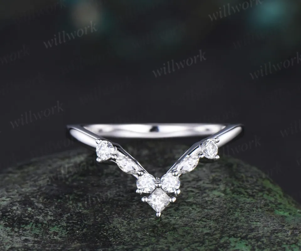 Princess marquise diamond curved wedding band solid 14k white gold stacking matching moissanite bridal ring women gift sold by Willwork Jewelry