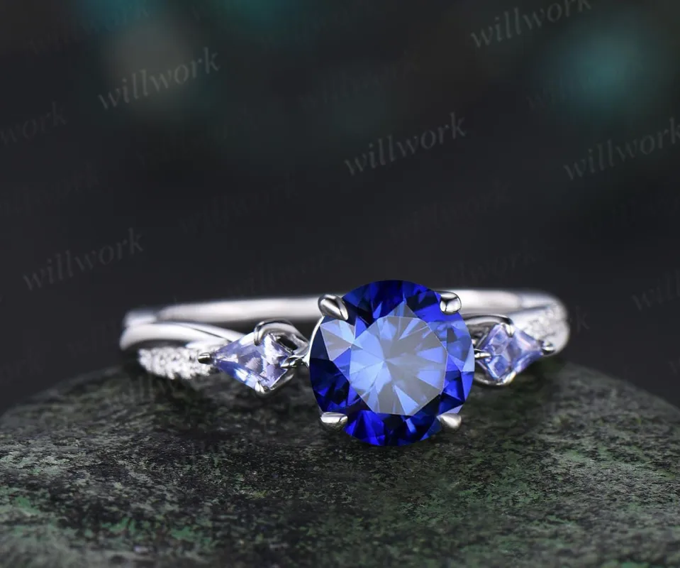 Round cut blue sapphire engagement ring kite Tanzanite ring white gold retro 3/4 eternity diamond promise ring her jewelry sold by Willwork Jewelry