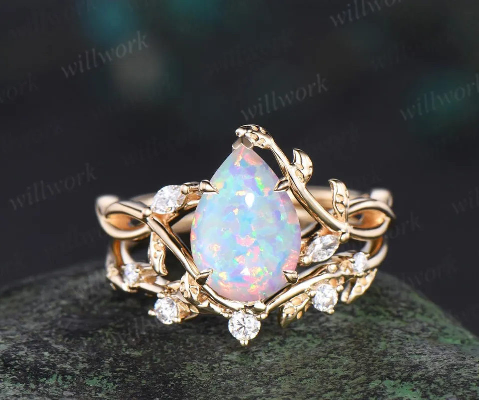 Pear white opal ring vintage infinity split shank engagement ring set art deco leaf diamond ring women antique unique bridal set gift sold by Willwork Jewelry
