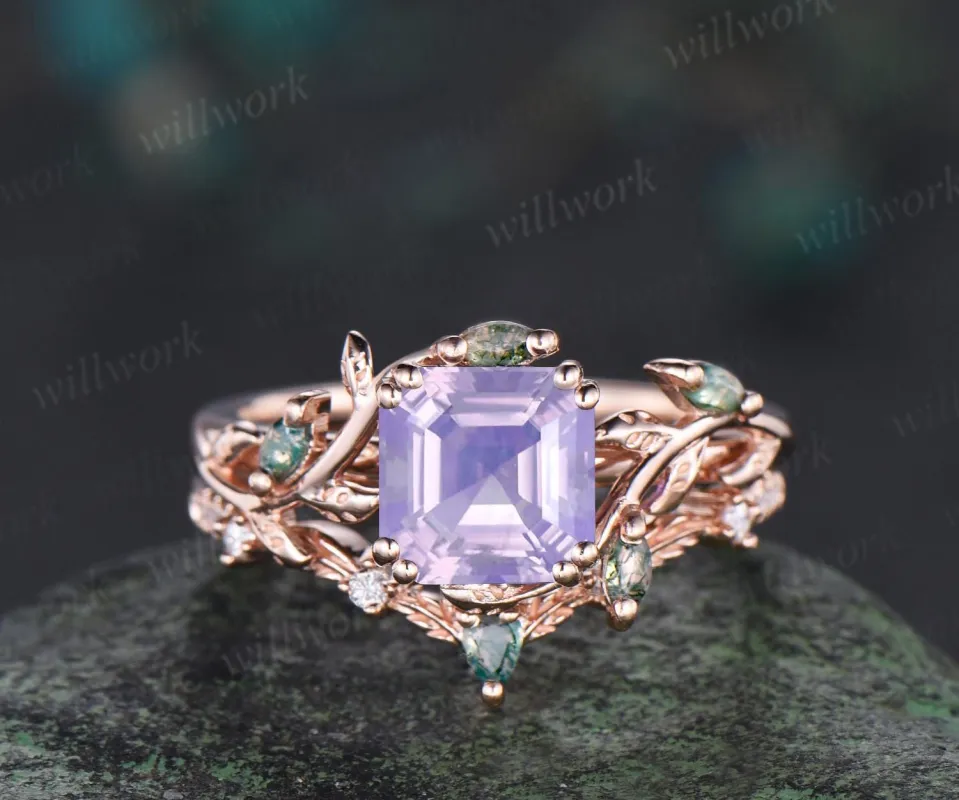 Vintage Asscher cut Lavender Amethyst engagement ring set 14k rose gold cluster leaf nature inspired moss agate bridal ring set women gift sold by Willwork Jewelry