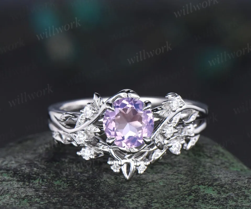 1ct round cut Lavender Amethyst engagement ring set 14k white gold leaf five stone diamond ring women nature inspired bridal set gift sold by Willwork Jewelry