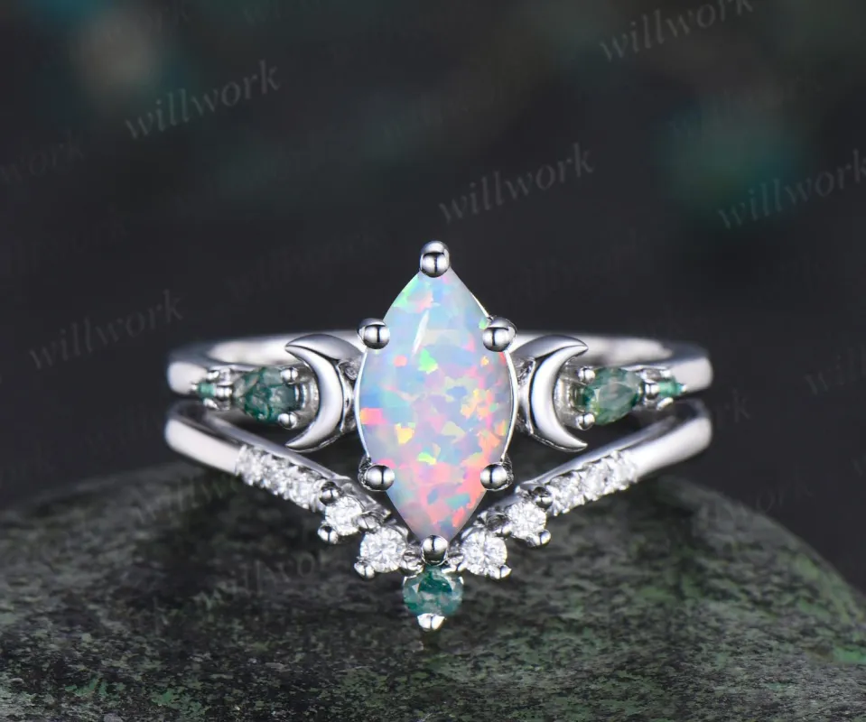 Marquise white opal engagement ring set women 14k white gold 6 prong five stone moon stacking anniversary ring set gift sold by Willwork Jewelry