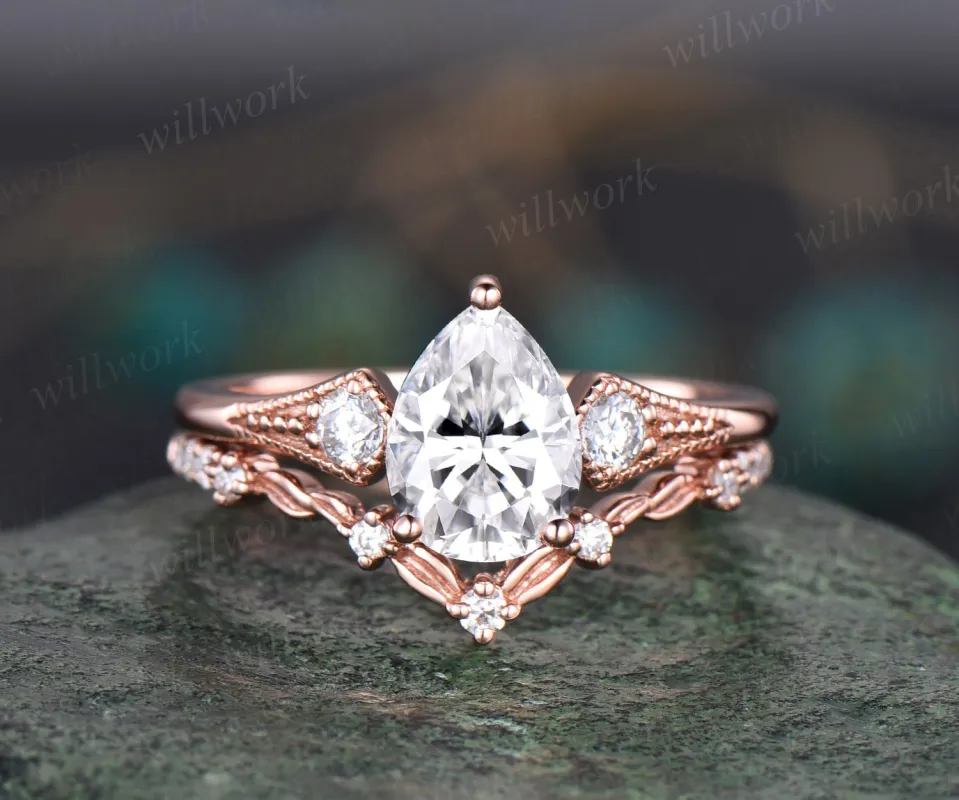 Vintage pear IGI Lab grown diamond engagement ring set leaf art deco diamond ring set three stone Milgrain antqiue wedding ring set women gift sold by Willwork Jewelry