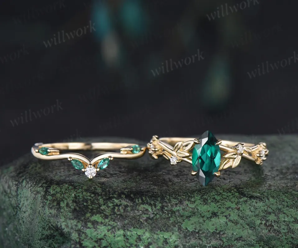 Vintage marquise cut green emerald engagement ring women twig leaf Nature inspired yellow gold ring branch diamond bridal ring set gift sold by Willwork Jewelry
