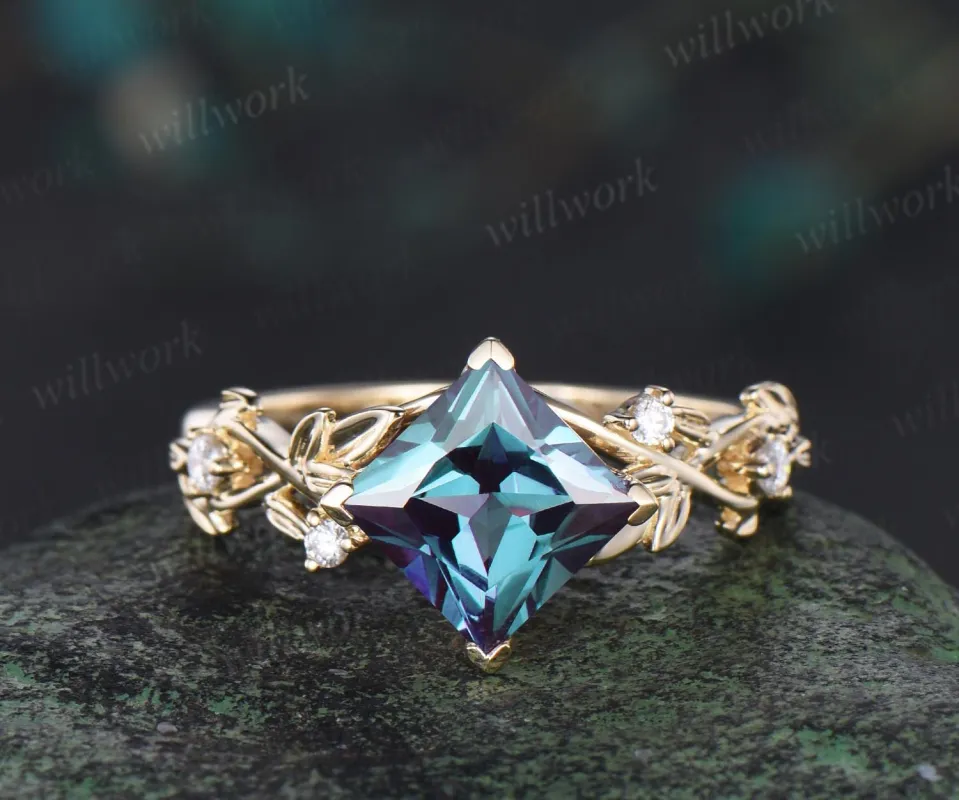 V prong princess cut alexandrite engagement ring solid 14k yellow gold five stone diamond leaf ring color change gemstone ring gift women sold by Willwork Jewelry