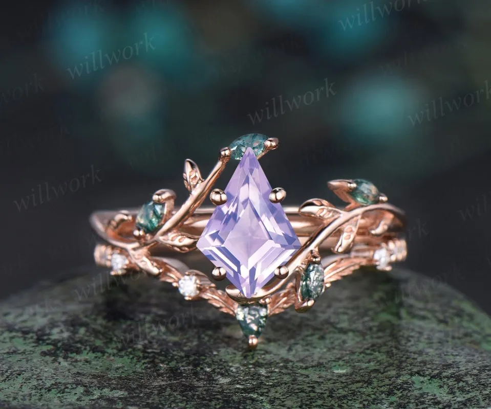 Vintage kite cut Lavender Amethyst engagement ring set 14k rose gold cluster leaf nature inspired moss agate anniversary ring set women gift sold by Willwork Jewelry