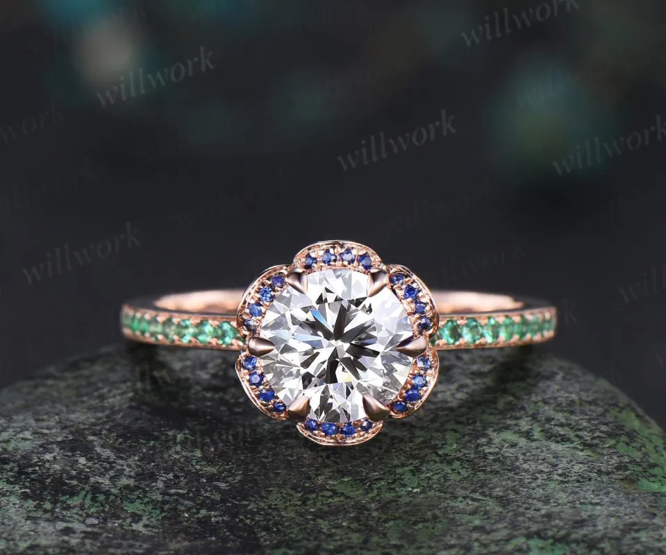 Floral round cut IGI lab grown diamond engagement ring rose gold hidden halo natural sapphire emerald ring half eternity promise ring women made by Willwork Jewelry