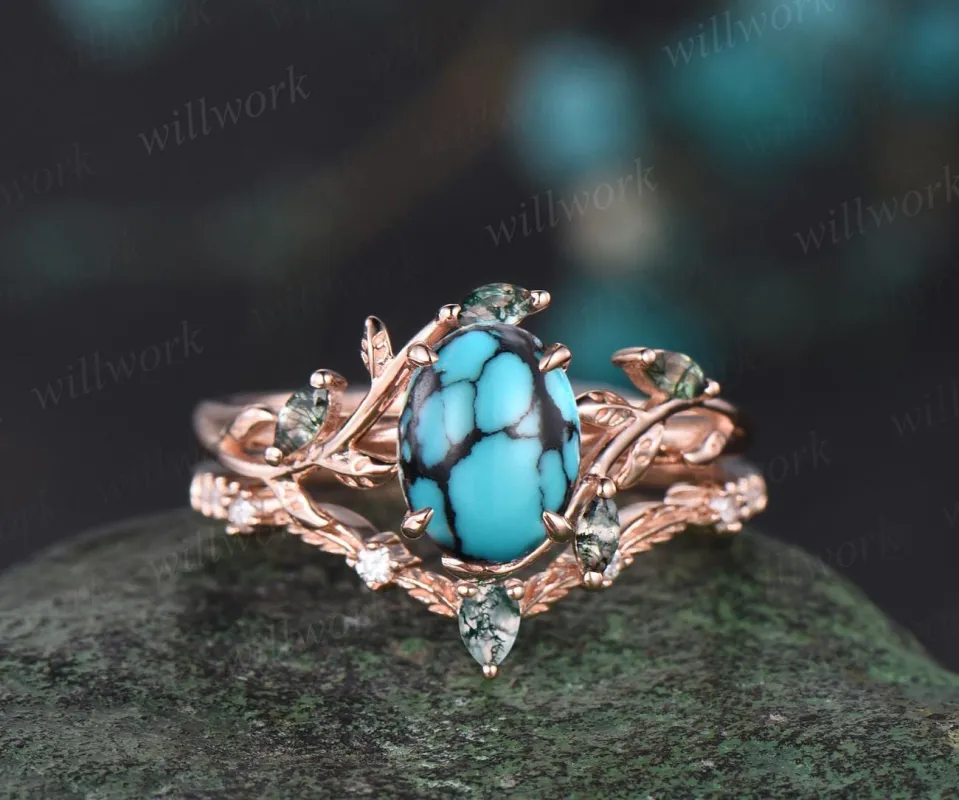 Vintage oval turquoise engagement ring set 14k rose gold art deco cluster leaf nature inspired moss agate bridal wedding ring set women made by Willwork Jewelry