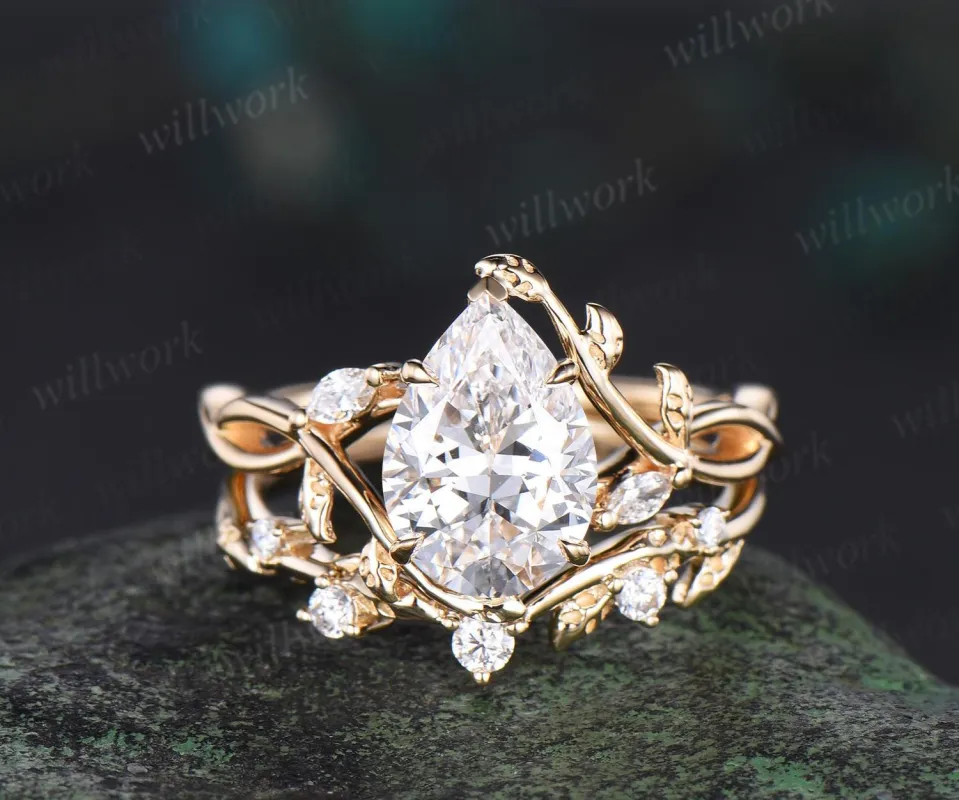 7x10mm pear cut IGI Lab grown diamond engagement ring set solid 14k yellow gold leaf infinity split shank wedding promise ring set women sold by Willwork Jewelry