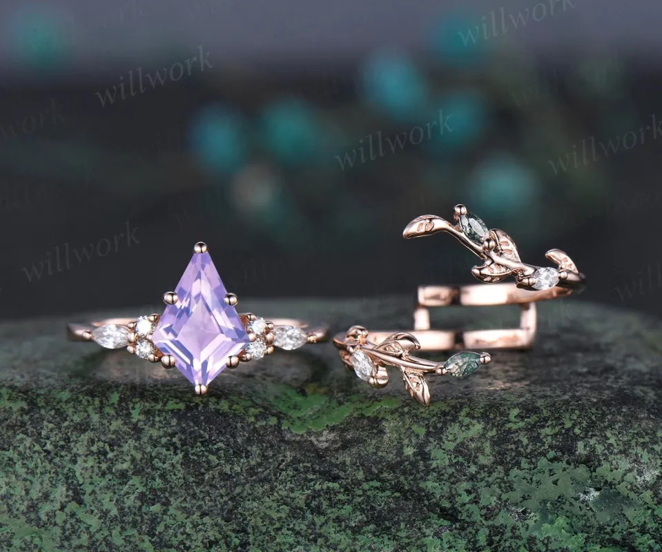 Vintage kite cut Lavender Amethyst engagement ring set rose gold moss agate leaf diamond enhancer wedding ring set jewelry sold by Willwork Jewelry