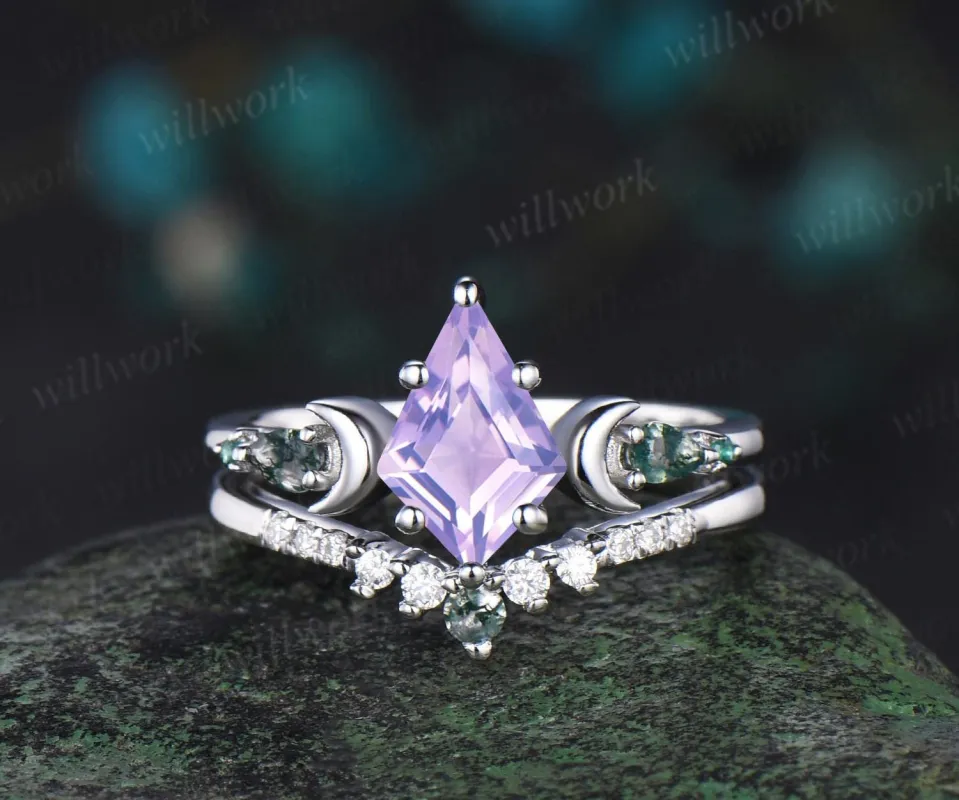 Unique kite cut Lavender Amethyst engagement ring set women white gold gold moss agate five stone moon bridal ring set gift for women sold by Willwork Jewelry