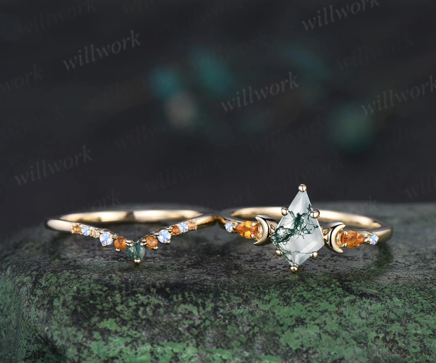 Kite cut moss agate ring moon citrine moonstone wedding ring set unique engagement ring set women Multi-Stone Rings sold by Willwork Jewelry product image thumbnail 3