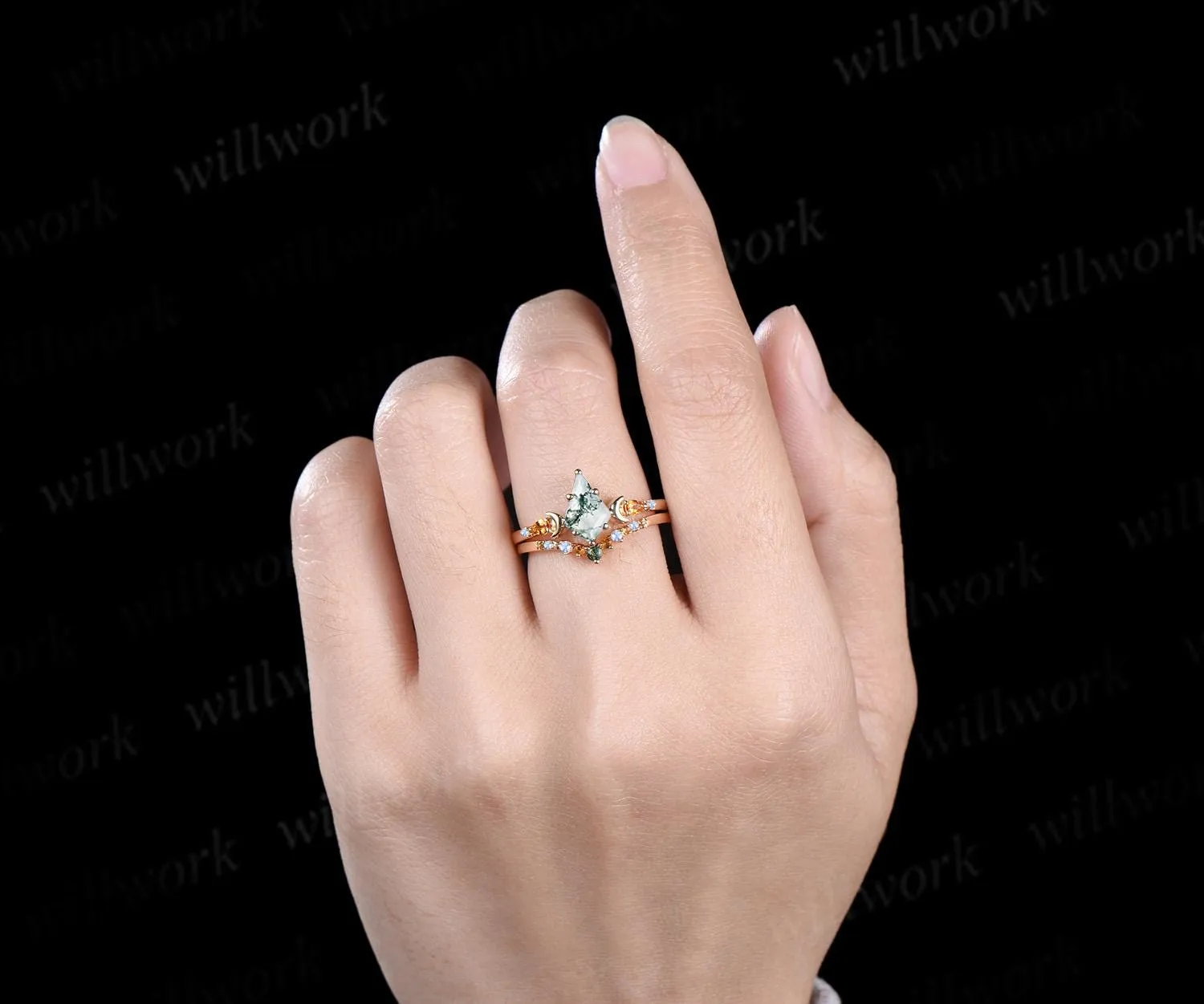 Kite cut moss agate ring moon citrine moonstone wedding ring set unique engagement ring set women Multi-Stone Rings sold by Willwork Jewelry product image thumbnail 4
