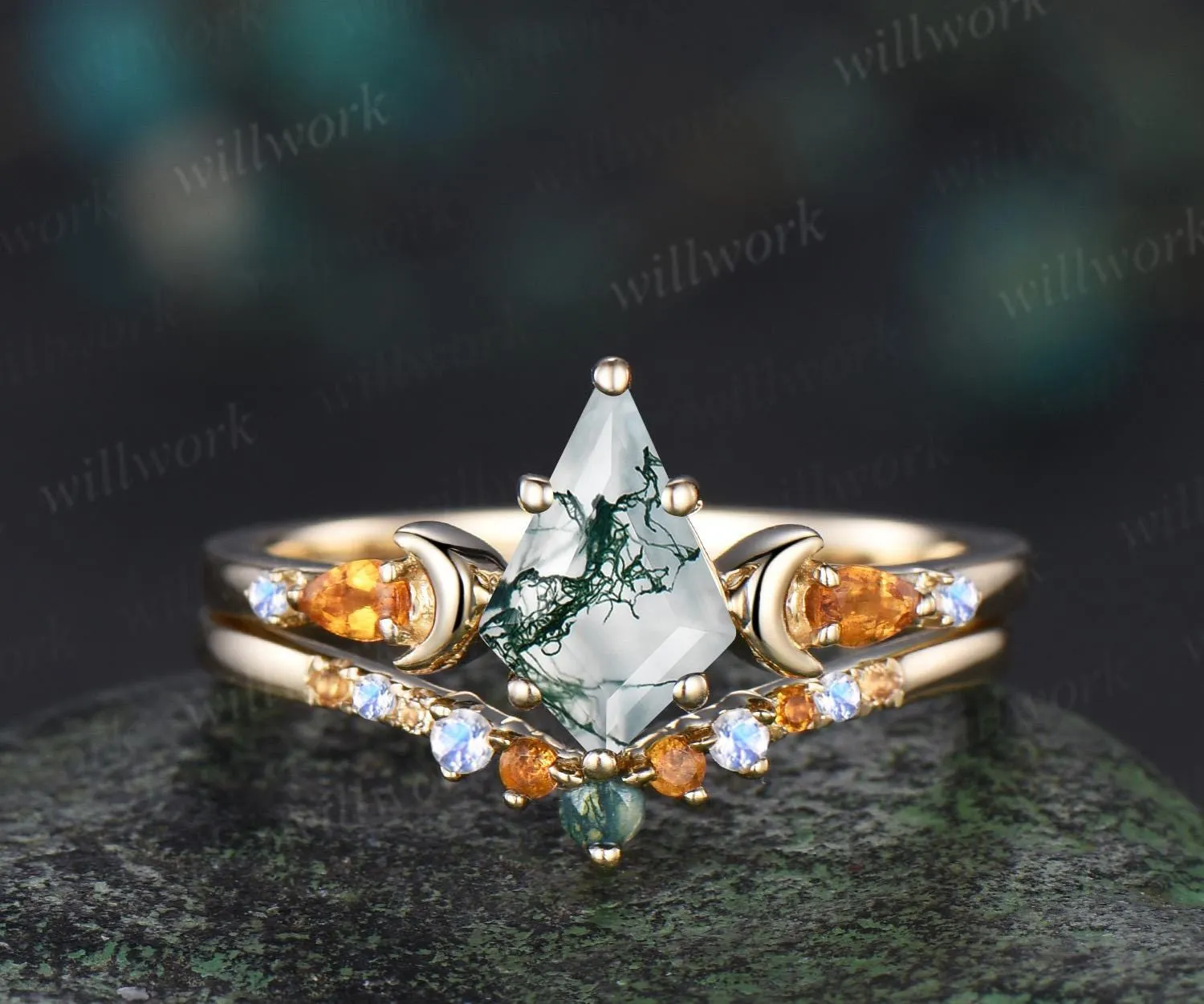 Kite cut moss agate ring moon citrine moonstone wedding ring set unique engagement ring set women Multi-Stone Rings sold by Willwork Jewelry
