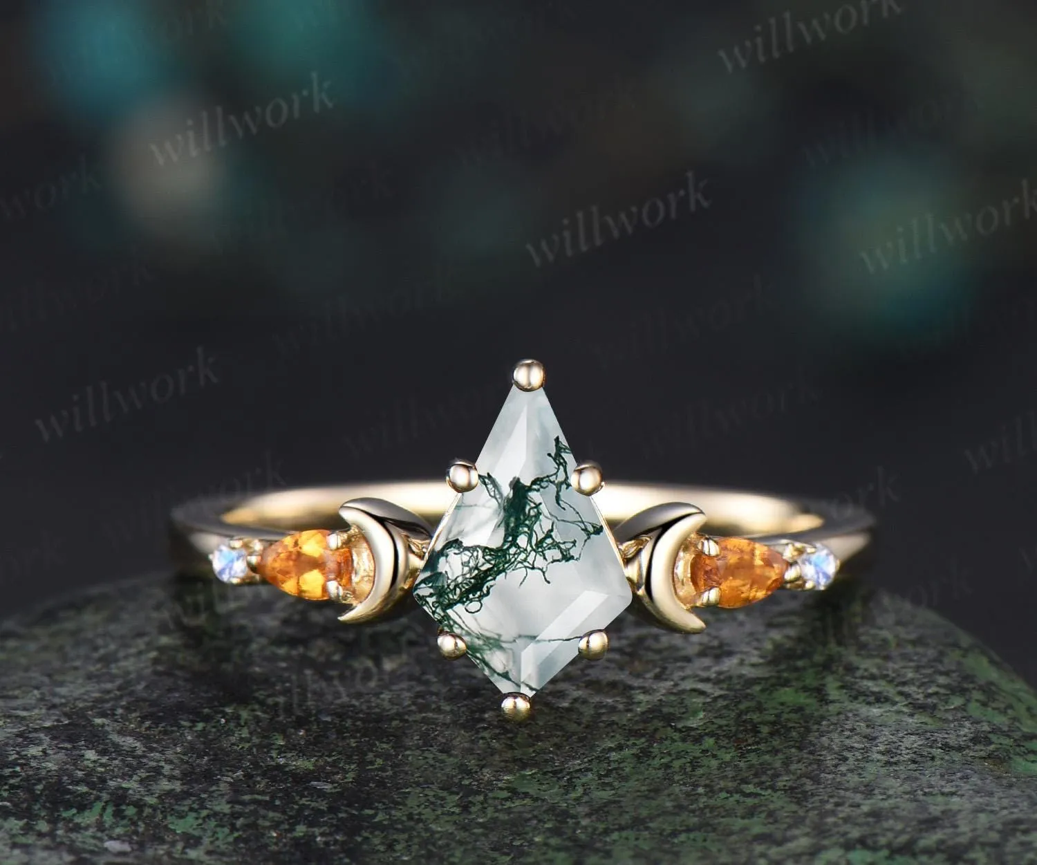 Kite cut moss agate ring moon citrine moonstone wedding ring set unique engagement ring set women Multi-Stone Rings sold by Willwork Jewelry product image thumbnail 5