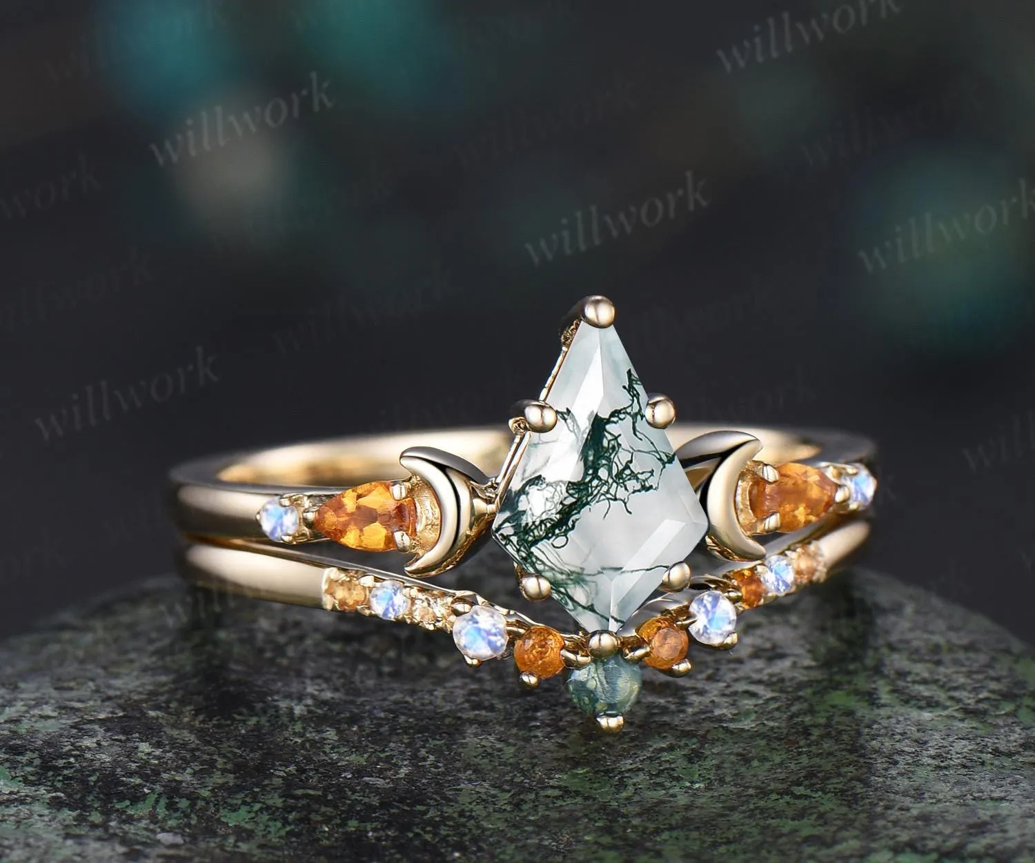 Kite cut moss agate ring moon citrine moonstone wedding ring set unique engagement ring set women Multi-Stone Rings sold by Willwork Jewelry product image thumbnail 2