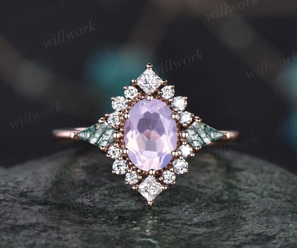 Vintage oval Lavender Amethyst engagement ring 14k rose gold halo princess diamond ring kite moss agate ring women retro wedding ring gift sold by Willwork Jewelry