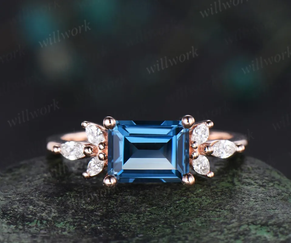 East to west emerald cut London blue topaz engagement ring vintage cluster marquise diamond wedding promise ring rose gold gift for women sold by Willwork Jewelry