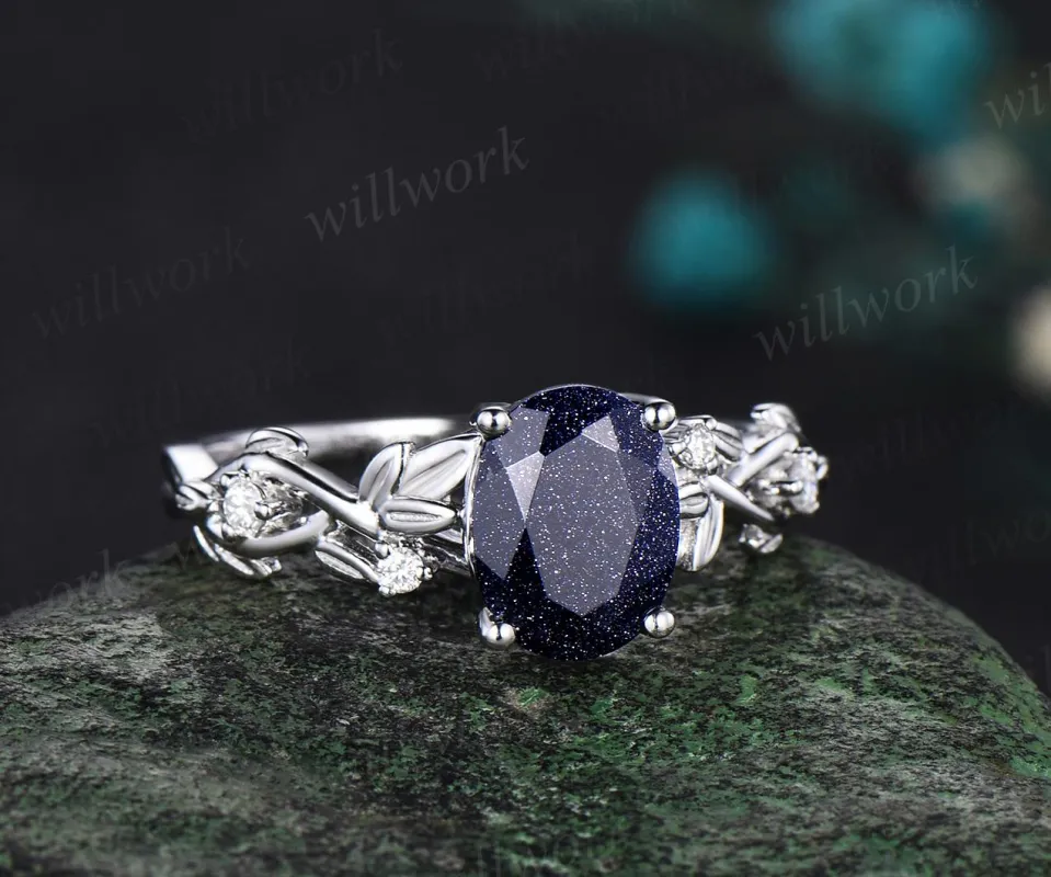 Oval cut blue sandstone ring vintage white gold blue goldstone engagement ring infinity five stone leaf anniversary ring gift sold by Willwork Jewelry