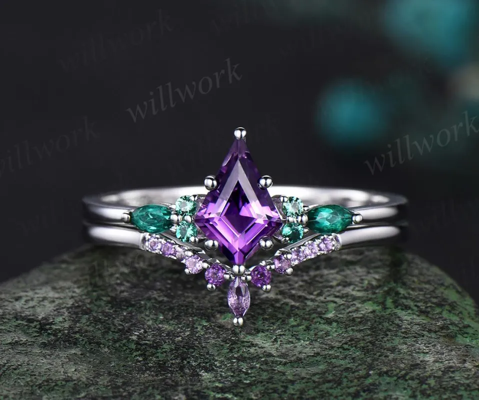 kite cut amethyst emerald engagement ring set solid 14k white gold stacking bridal ring set women gift sold by Willwork Jewelry
