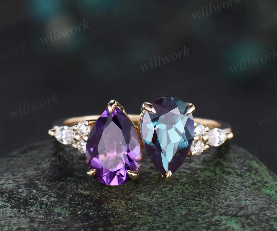 Pear amethyst alexandrite engagement ring solid 14k yellow gold unique diamond wedding promise ring women jewelry made by Willwork Jewelry