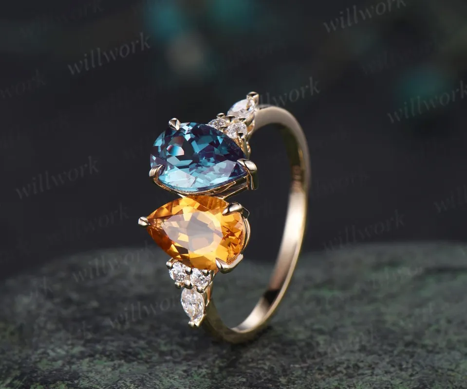 Pear citrine alexandrite engagement ring solid 14k yellow gold unique diamond wedding promise ring women jewelry sold by Willwork Jewelry