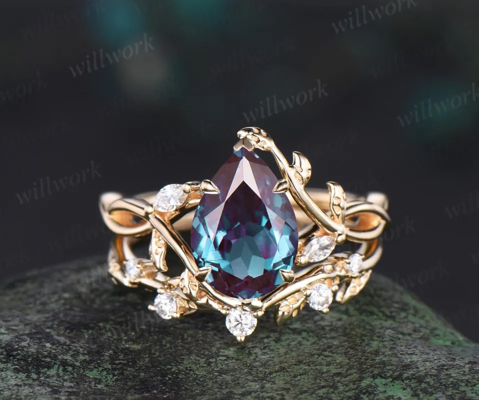 Pear cut alexandrite ring vintage infinity split shank engagement ring set art deco leaf diamond ring women antique unique wedding set gift sold by Willwork Jewelry